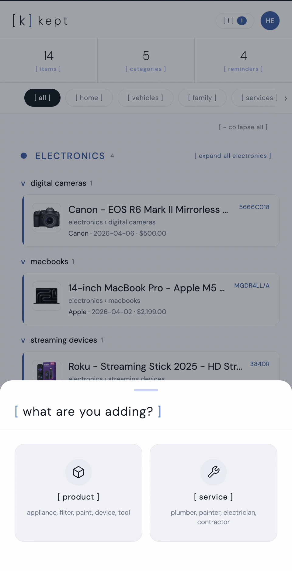 kept add item