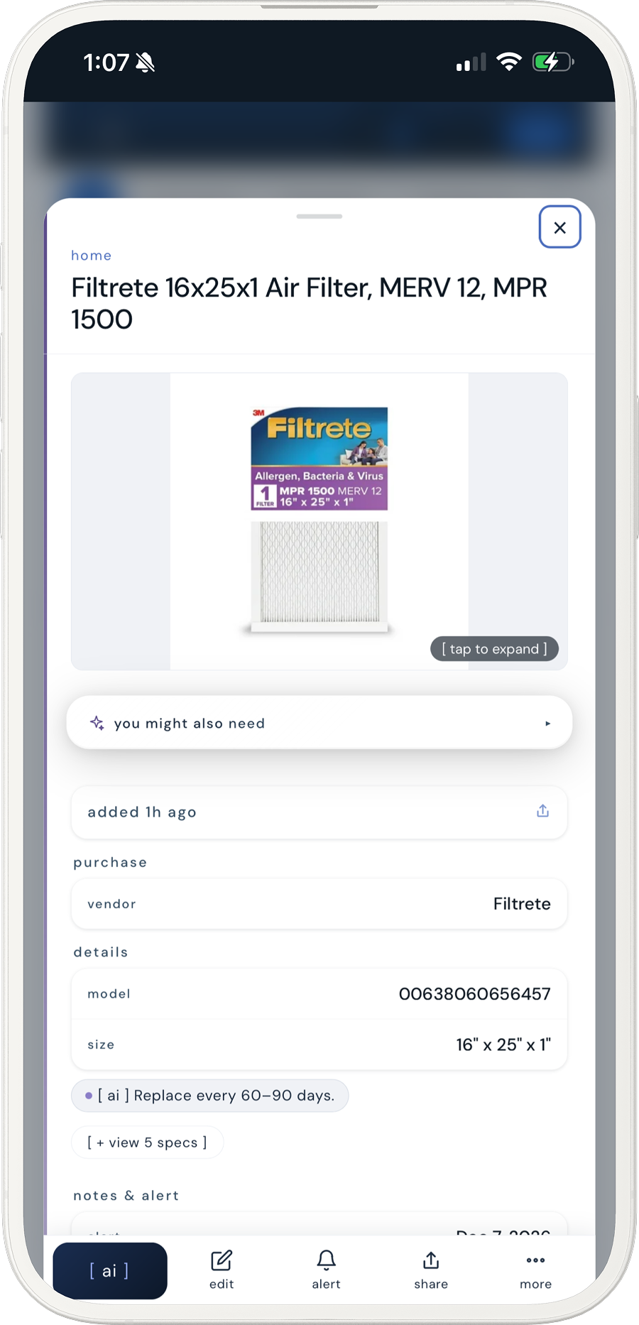 kept showing a saved furnace filter with its 16x25x1 size, brand, and where it goes