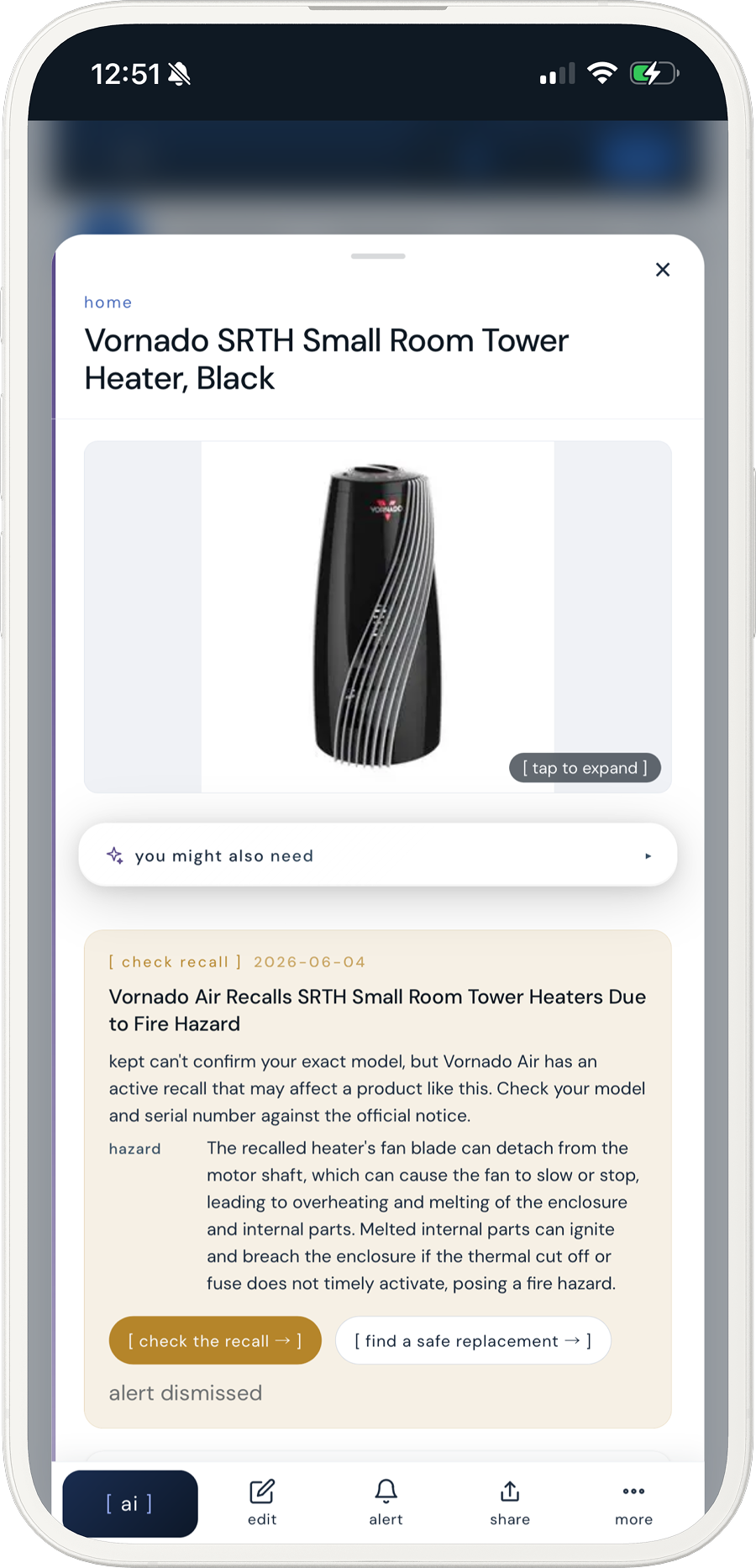 kept flagging a possible recall on a saved Vornado heater