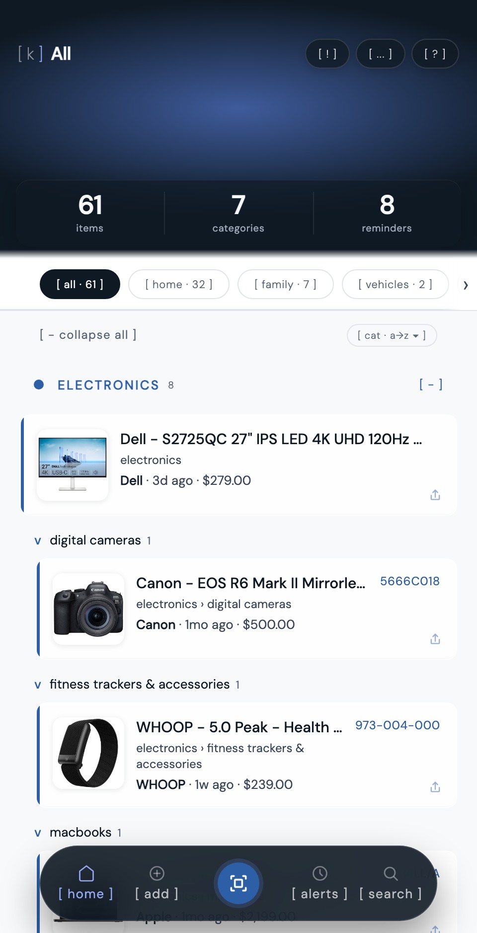 a household's appliances and electronics listed in kept with details saved for each