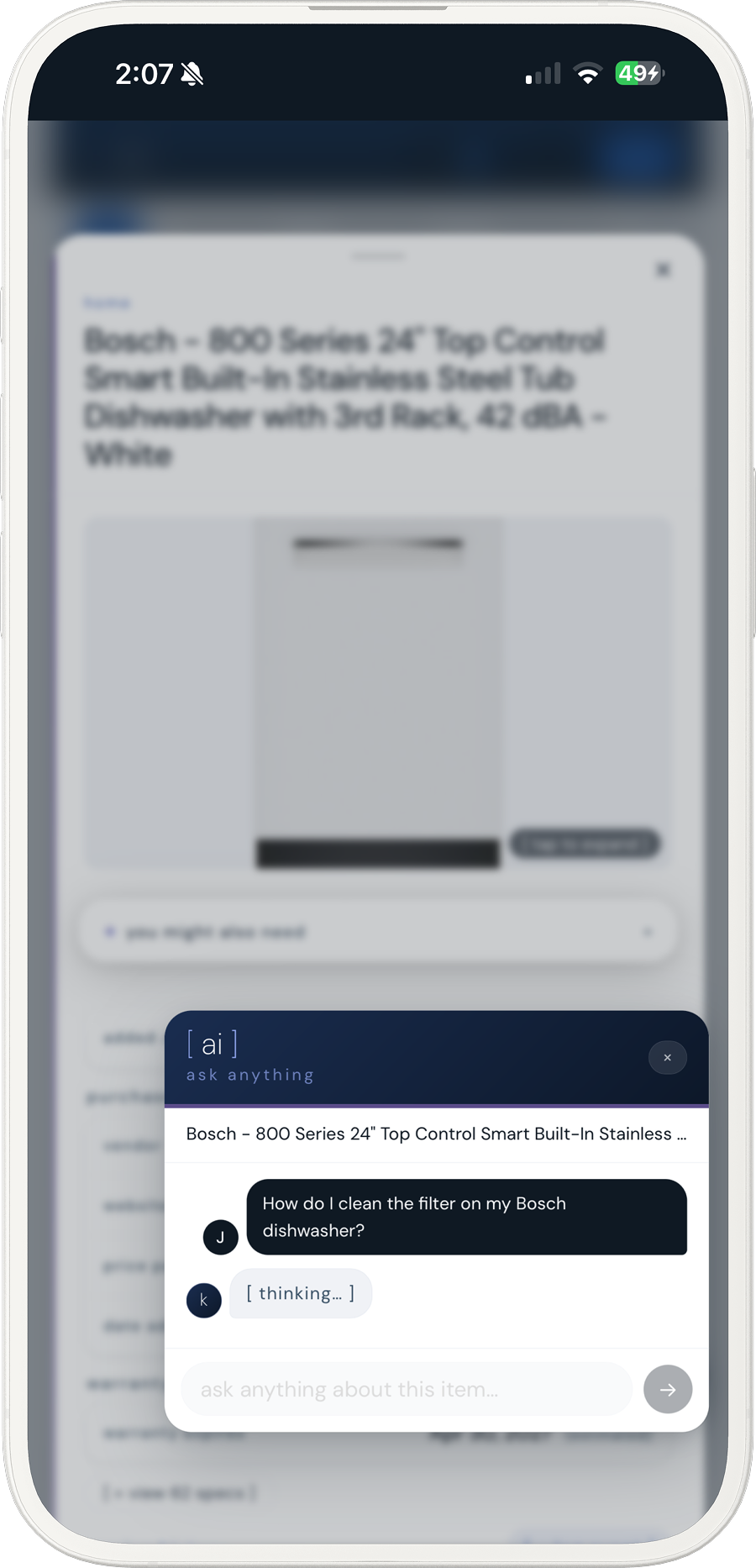 The kept AI chat answering a question about a Bosch dishwasher filter from the user's own saved items