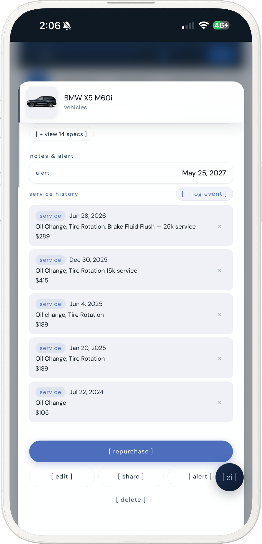 a BMW X5 service log in kept showing five services with dates, notes, and costs
