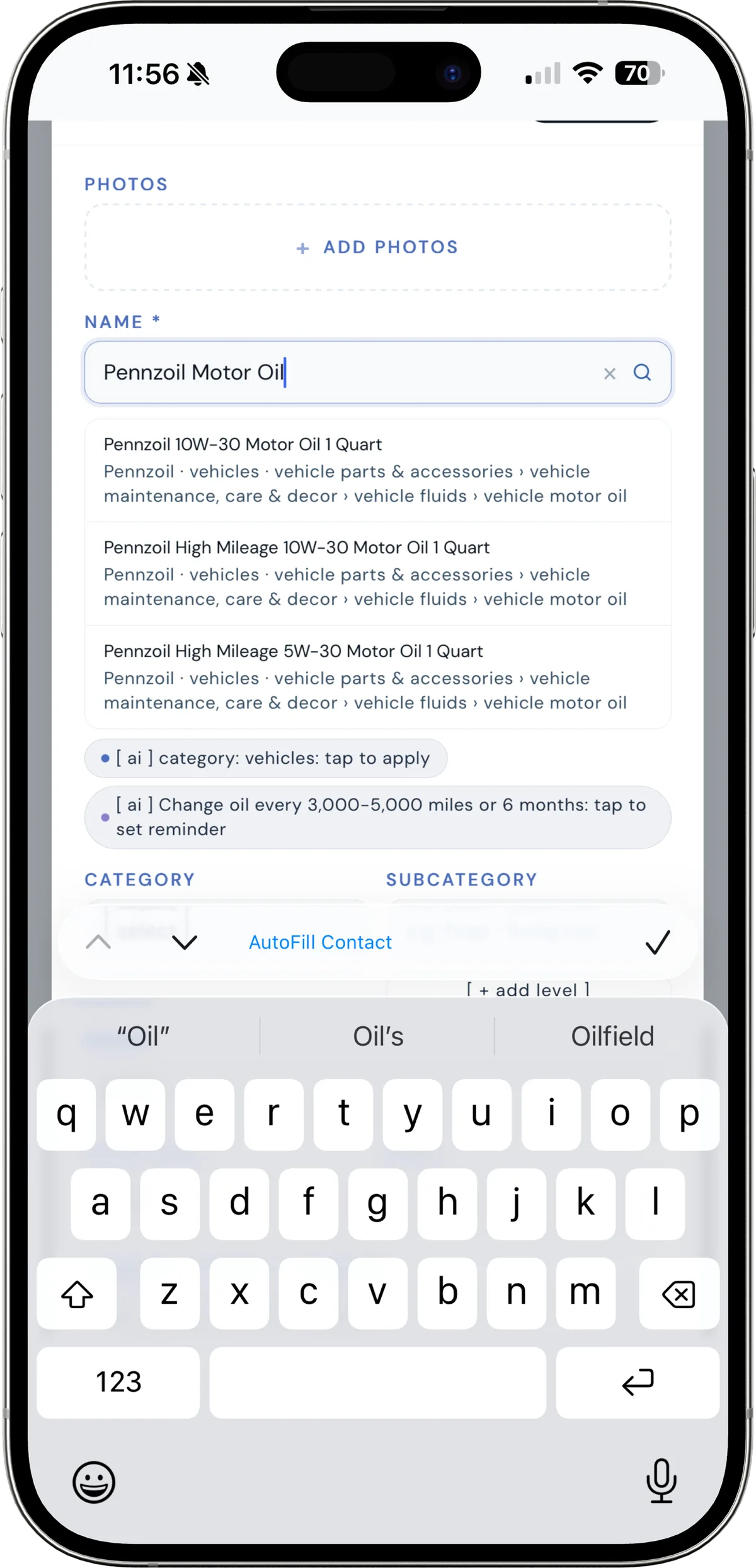 adding an oil change service entry in kept with date and details