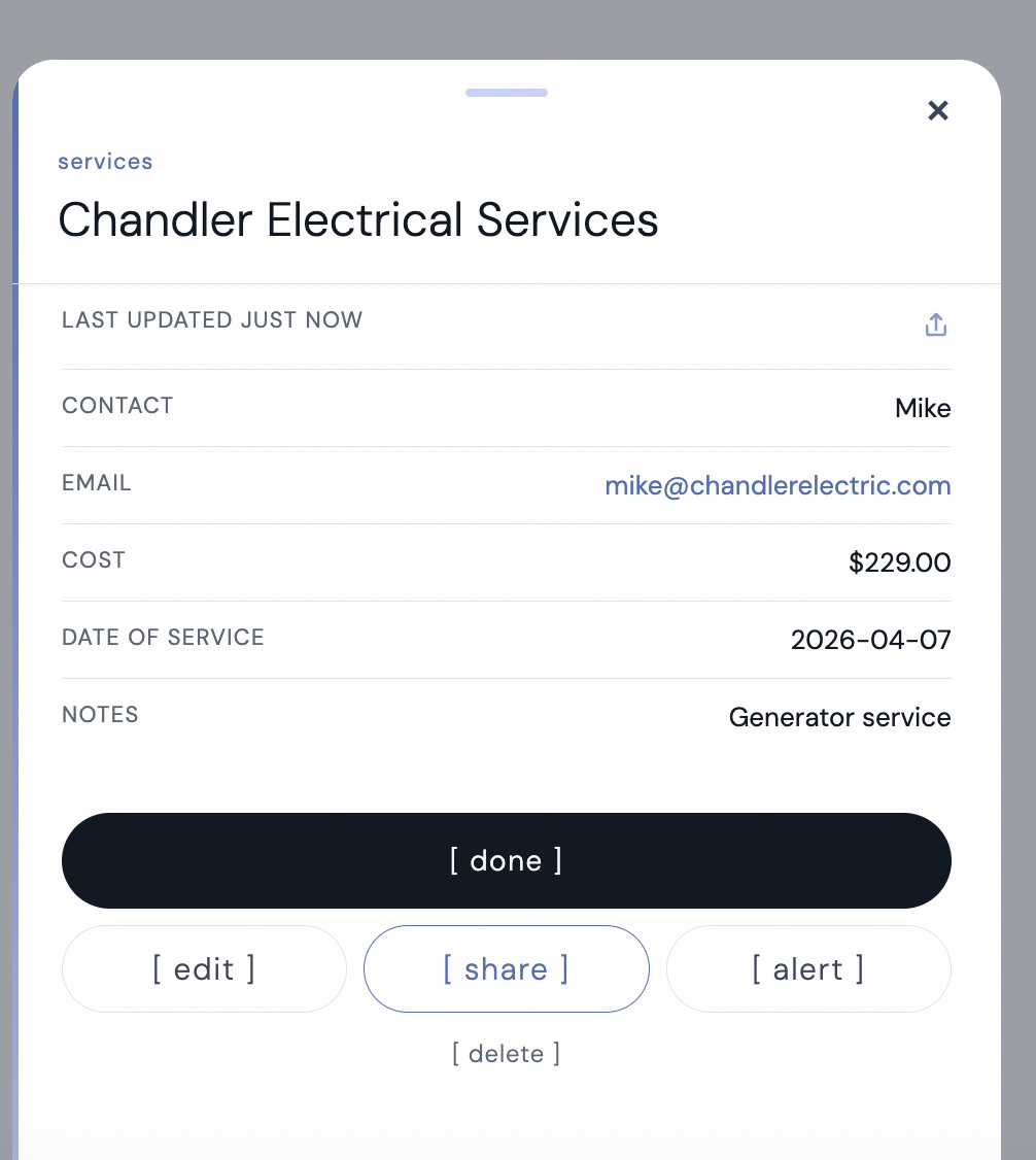 kept app services screen showing Chandler Electrical Services with contact name Mike, email mike@chandlerelectric.com, cost $229, service date April 2026, and generator service note