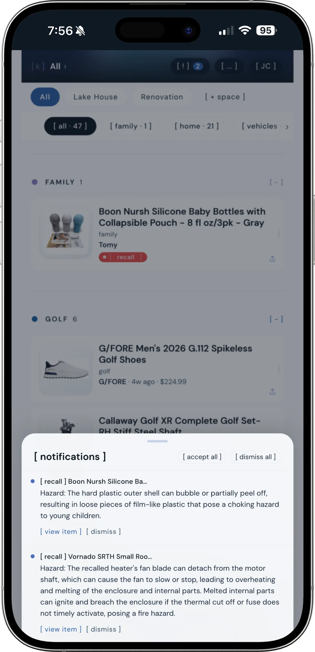 the kept notifications panel showing active CPSC recall alerts for a baby bottle and a tower heater, each with the hazard