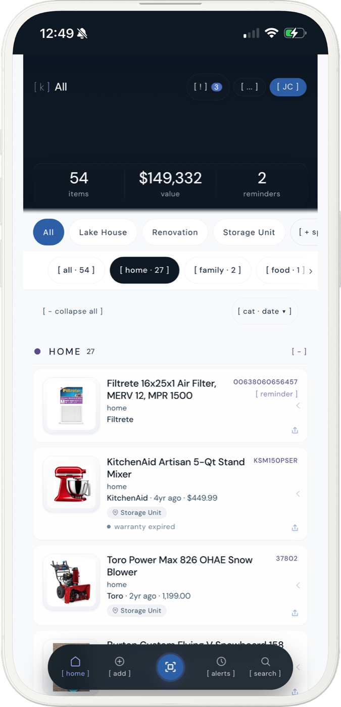 The kept home screen listing saved household items with model numbers, prices, and reminders