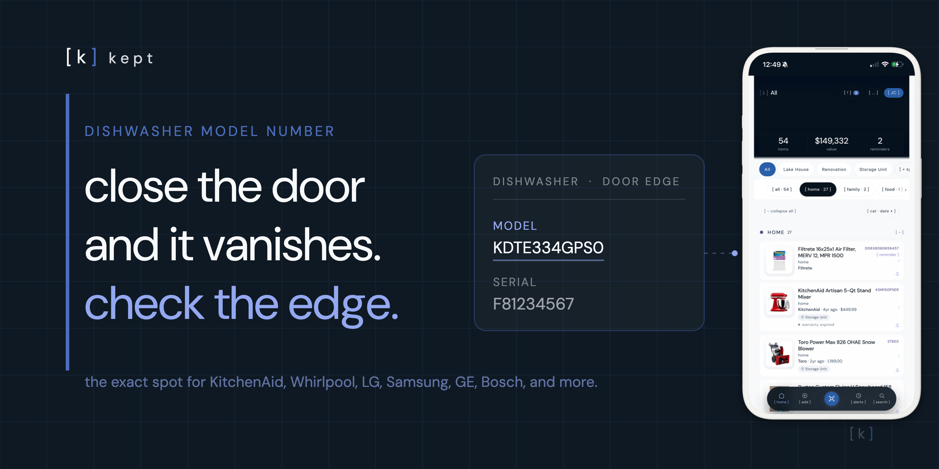 kept hero: where the dishwasher model number hides on the door edge, with the kept app on a phone