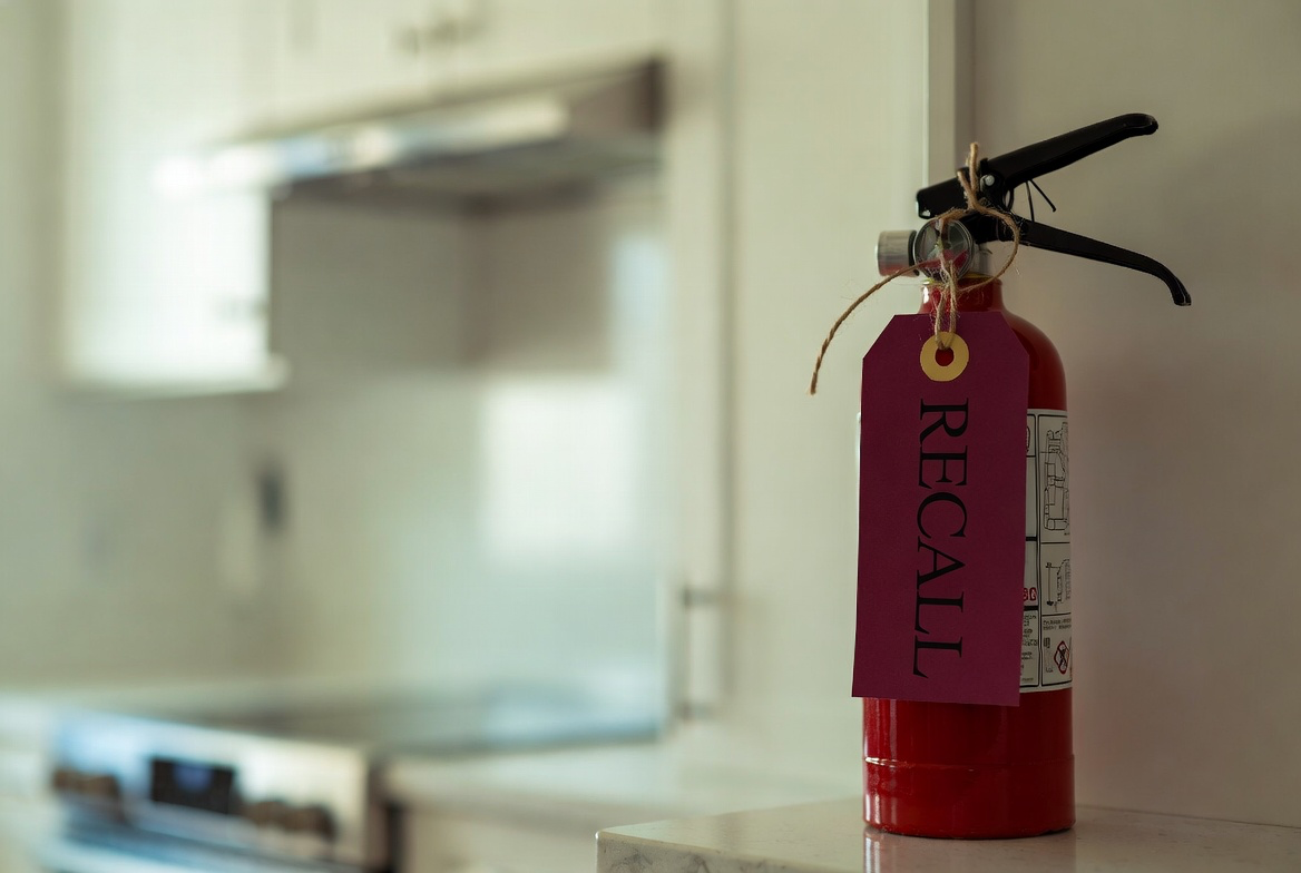 recalled fire extinguisher with a red recall tag sitting on a kitchen counter