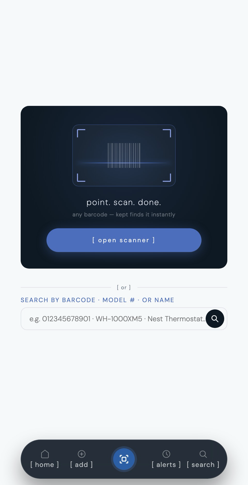 the kept barcode scanner pointed at an appliance data plate, ready to capture model and serial number