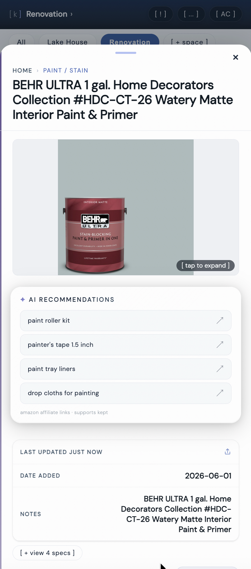 kept app item detail showing paint product with color, brand, specs, and AI recommendations
