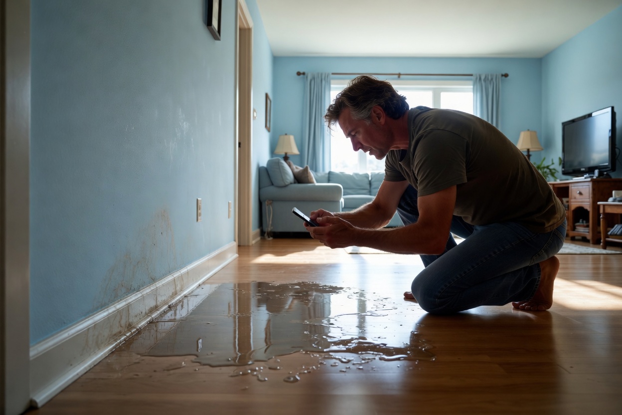 homeowner photographing water damage on a wall with a smartphone