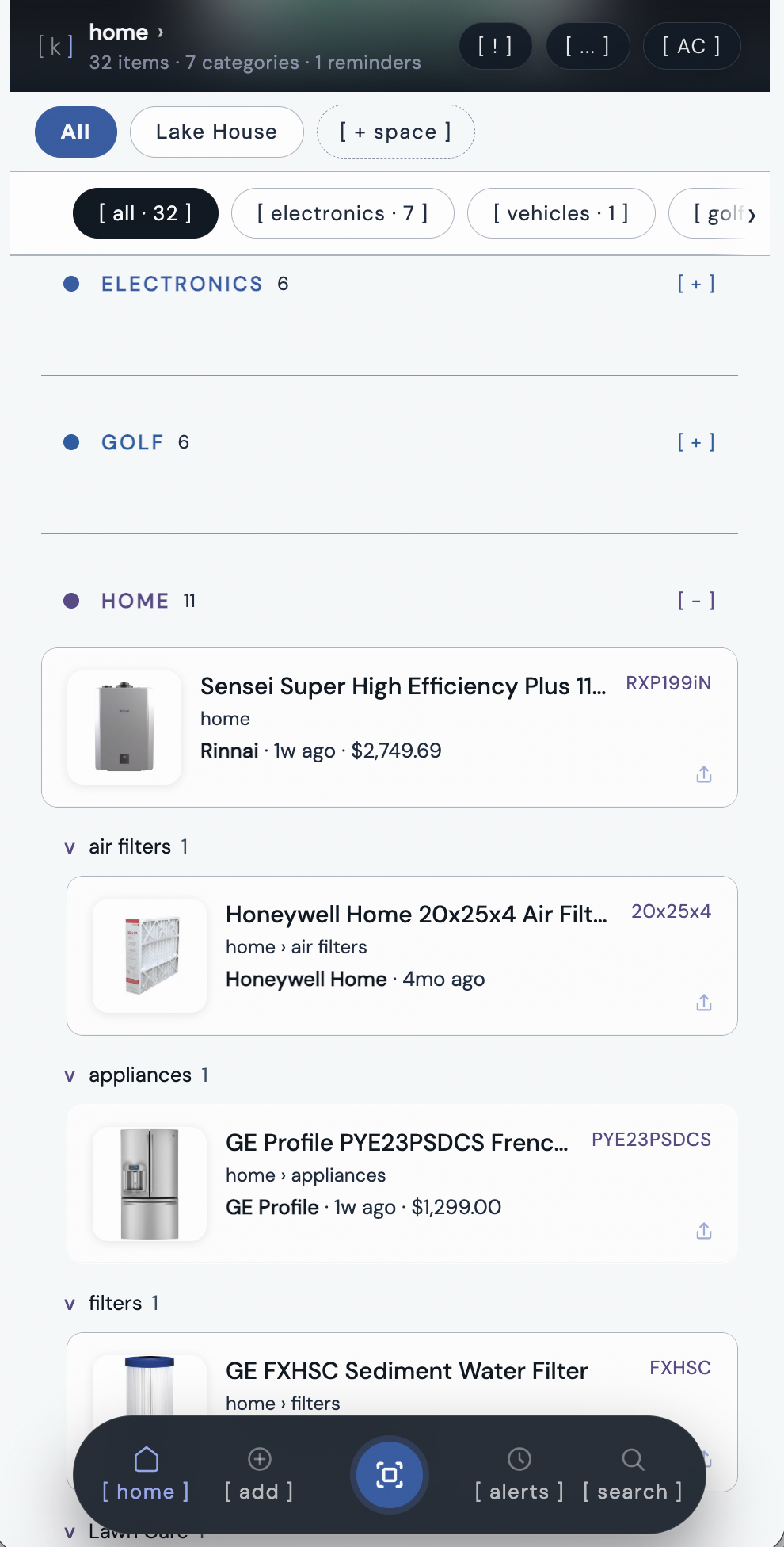kept app showing items list organized across multiple categories