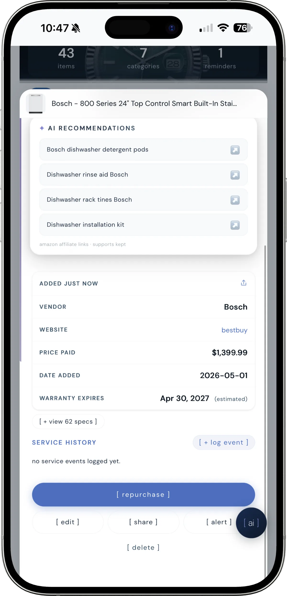 a kept item detail for a Bosch dishwasher filled in after a scan, showing vendor, price paid, date added, warranty expiry, and AI repurchase suggestions