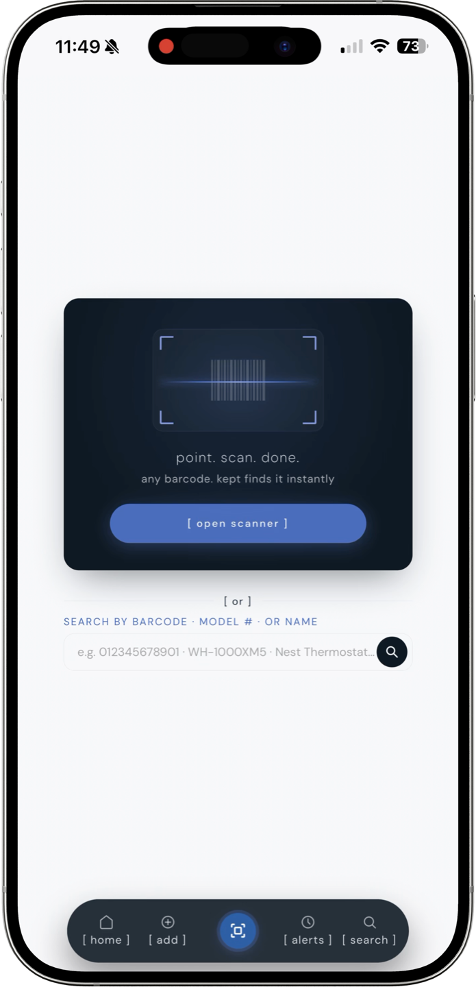 kept barcode scanner screen showing point, scan, done interface