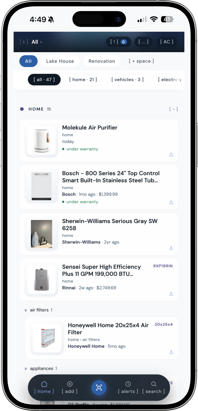 kept home screen showing categorized items with photos, prices, and warranty status