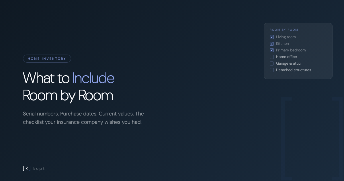 home inventory checklist organized room by room in kept app
