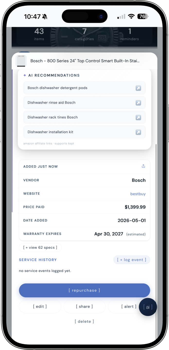kept item detail showing Bosch dishwasher with vendor, price, warranty date, and AI recommendations