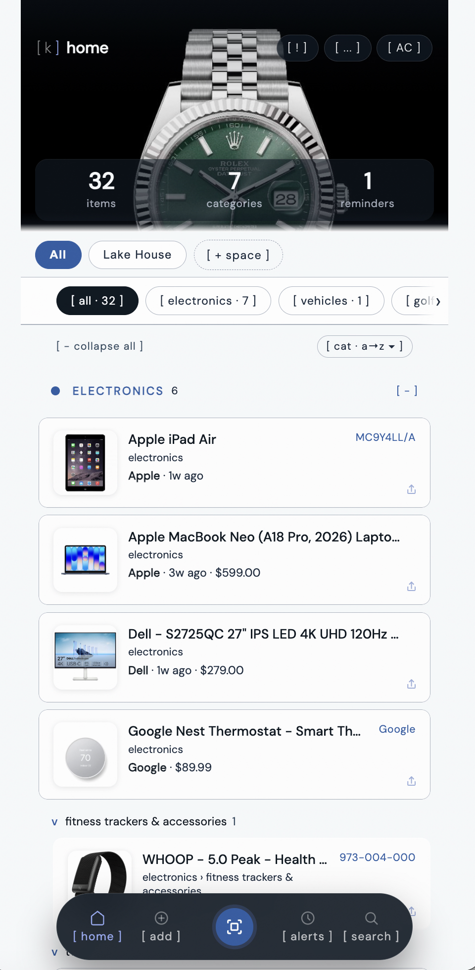 kept app showing items list organized by category
