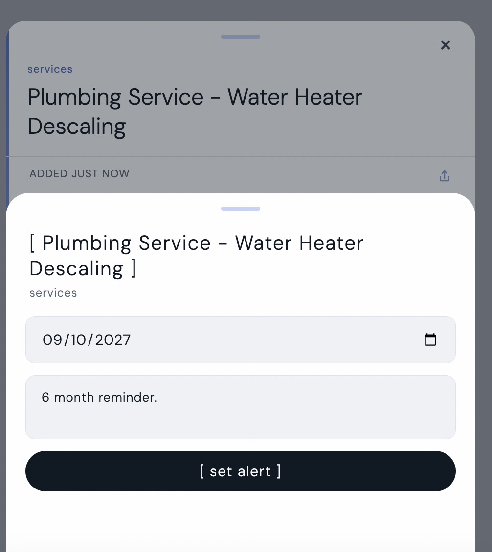 kept app showing alert setup screen for Plumbing Service Water Heater Descaling with reminder date September 2027 and note 6 month reminder