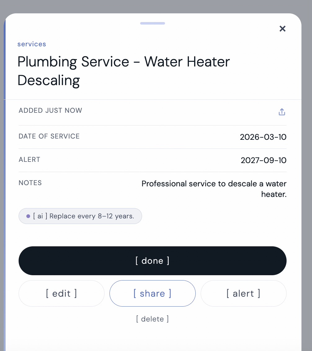 kept app showing Plumbing Service Water Heater Descaling service record with date of service March 2026, next alert September 2027, notes about professional descaling, and AI tip to replace every 8-12 years