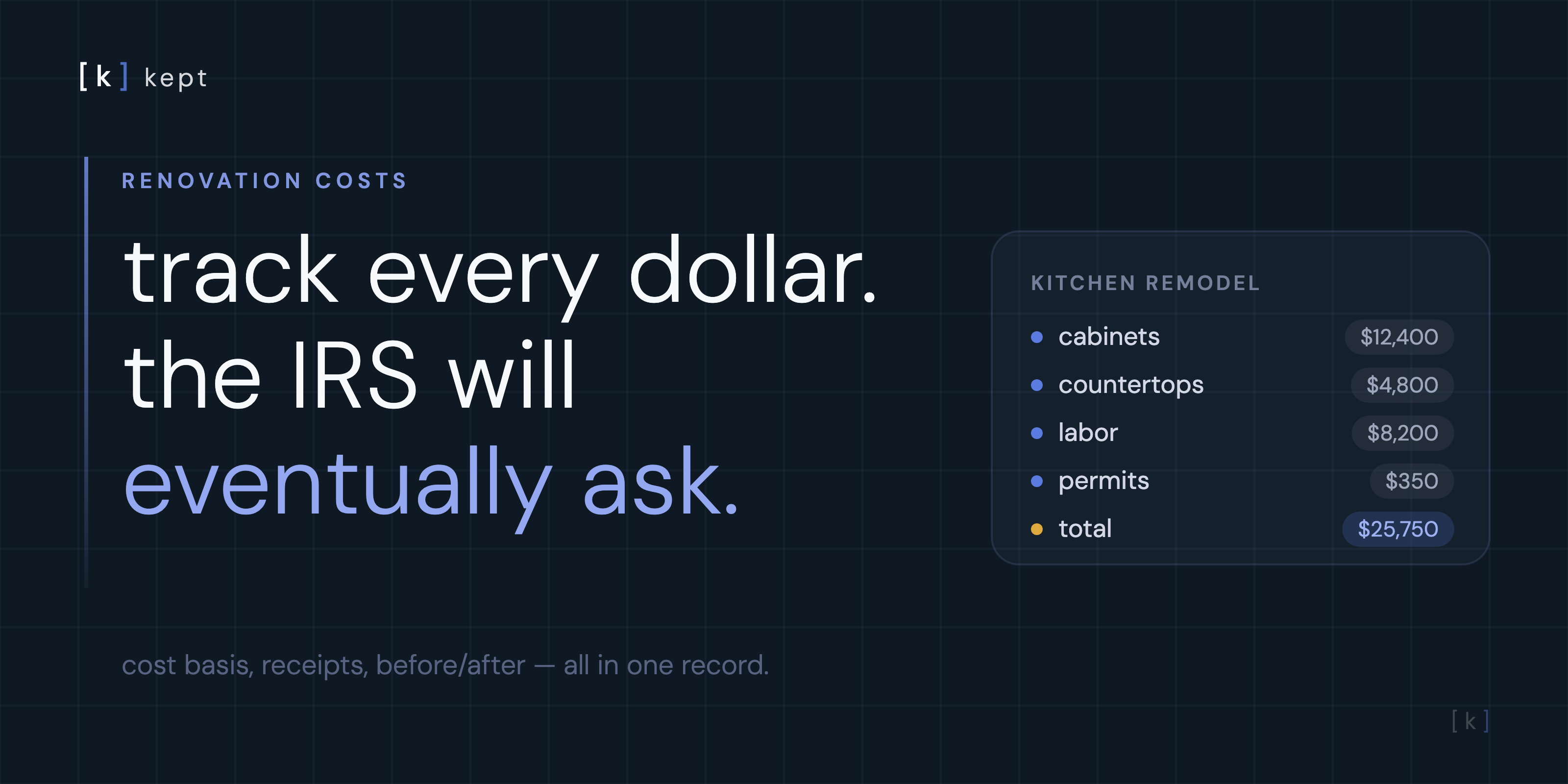 tracking home renovation costs and receipts for taxes and cost basis