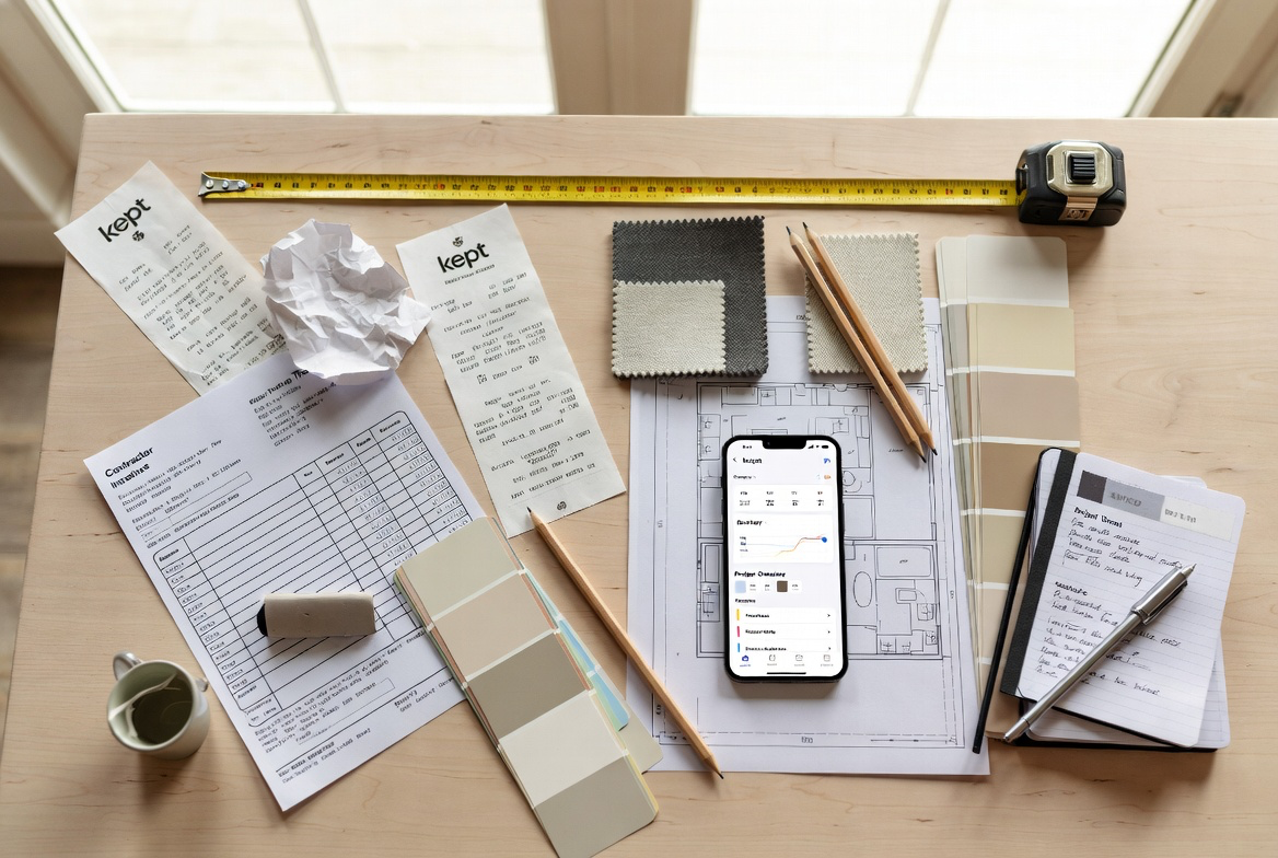 home improvement receipts and project documentation spread on a table