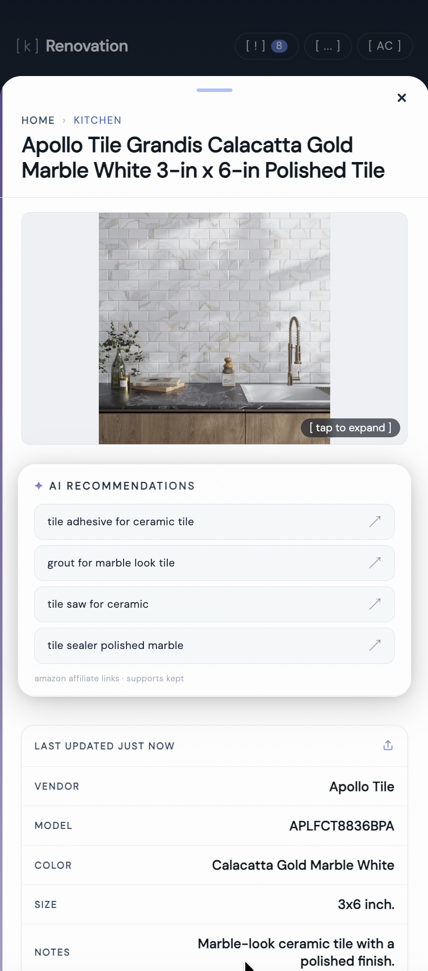 kept app showing a tracked home improvement project with cost, date, and contractor details