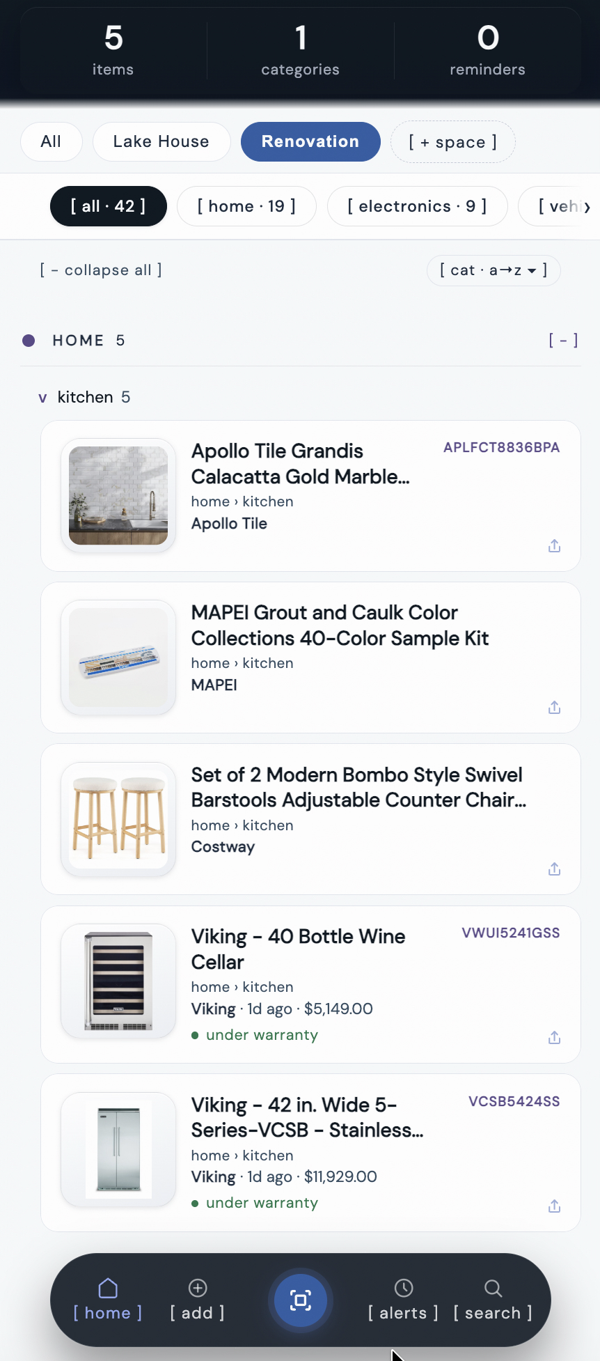 kept app showing a list of tracked home improvement projects