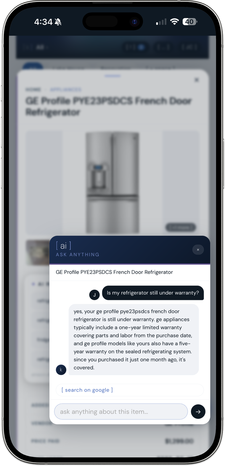 kept's ask-anything AI chat answering whether a GE Profile refrigerator is still under warranty, with a specific coverage explanation