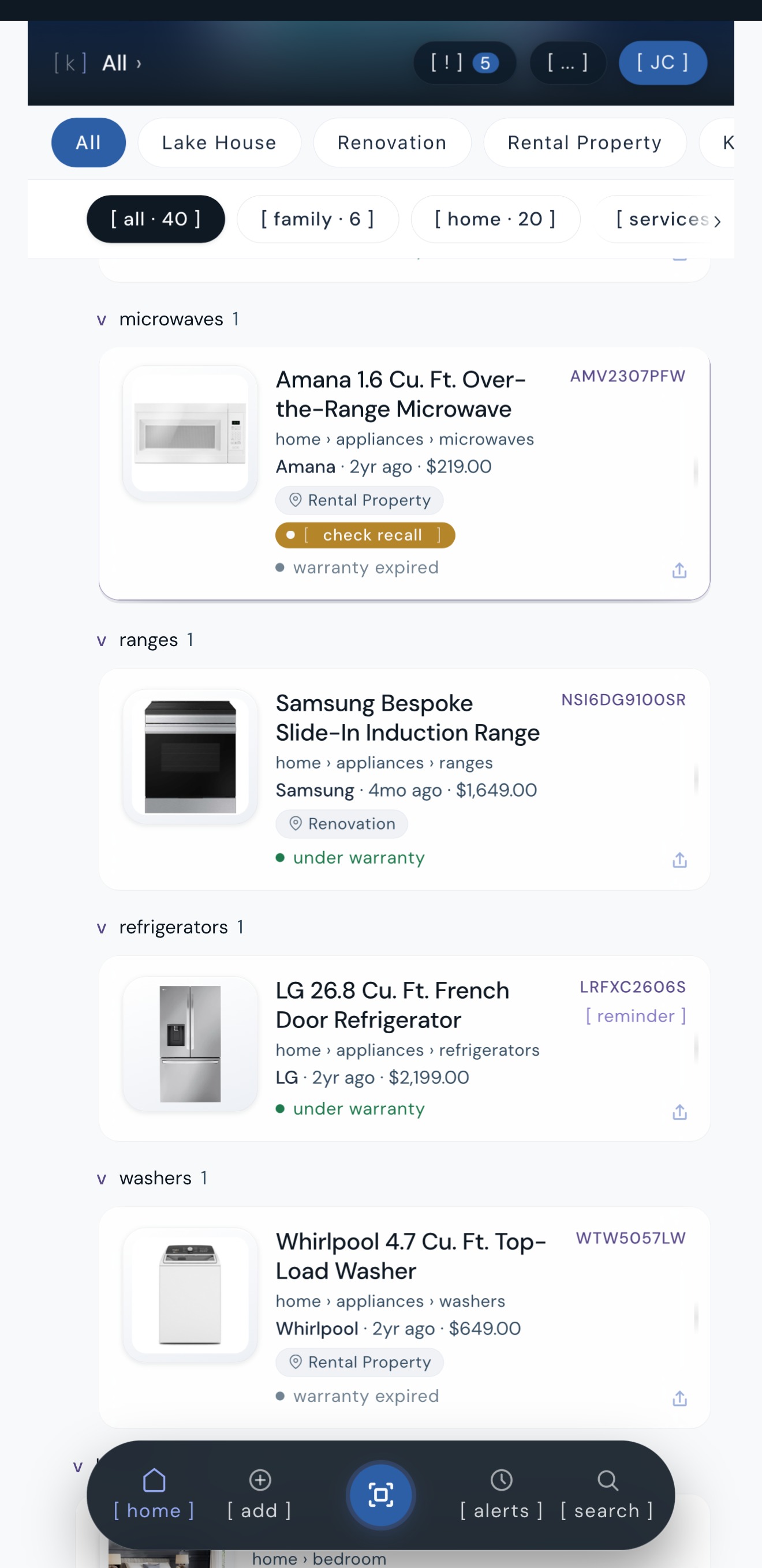 kept item list showing appliances with warranty status and a check recall flag on one item