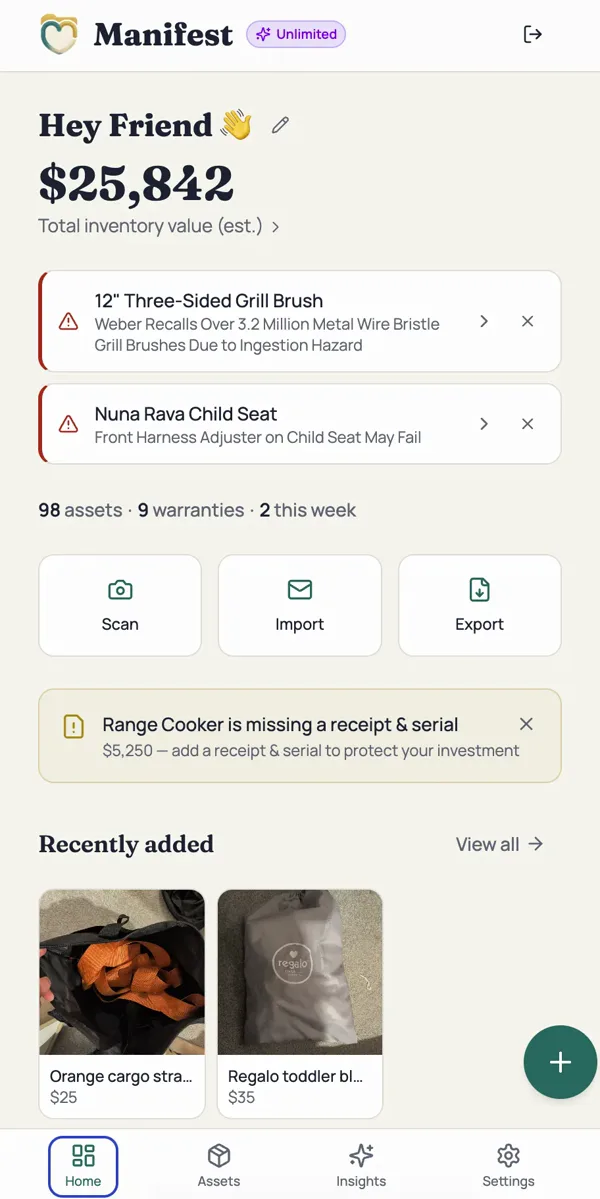 Manifest home screen showing two recall alerts, a Weber grill brush and a Nuna Rava child seat