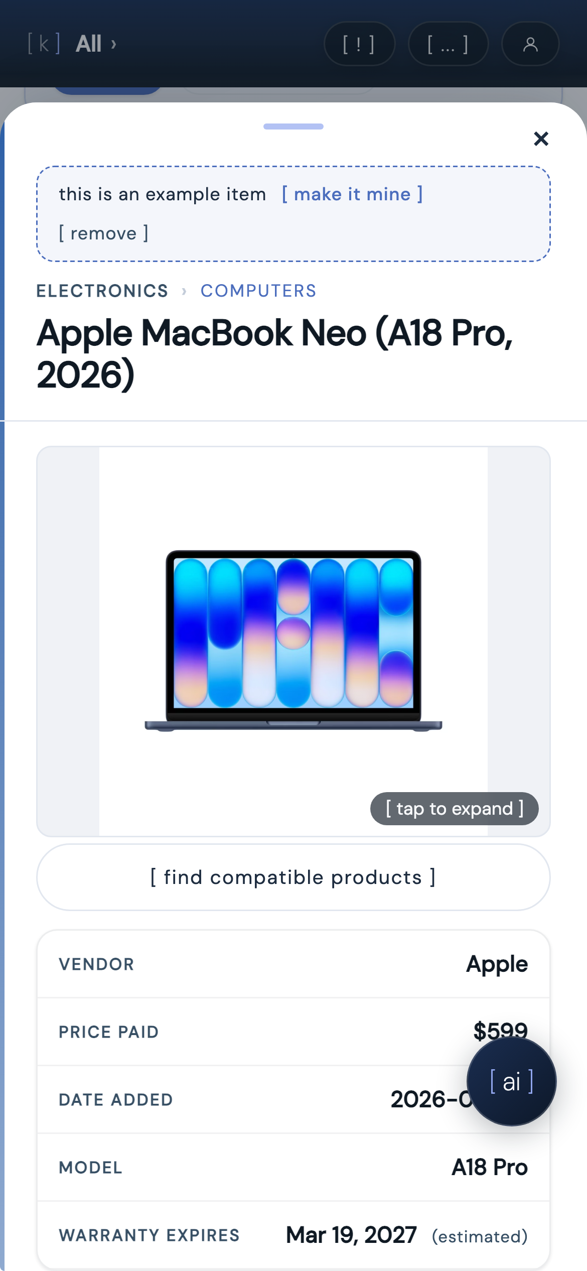 an electronics item in kept showing vendor, price paid, purchase date, model number, and warranty status all saved together