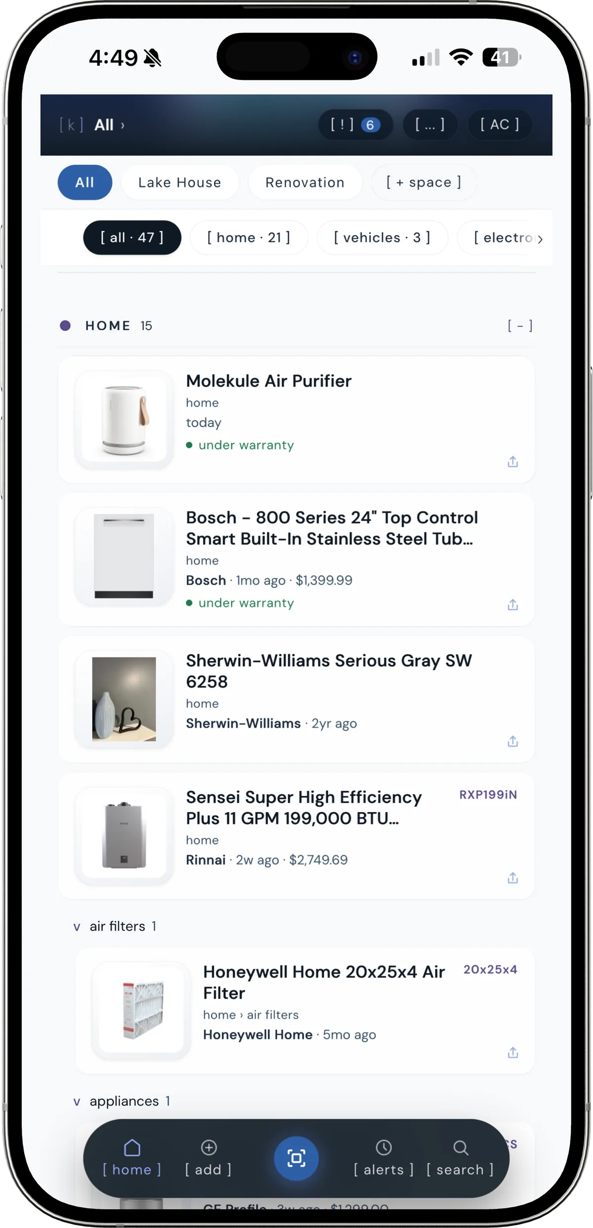 a household's items in kept organized by category, each with warranty status visible at a glance