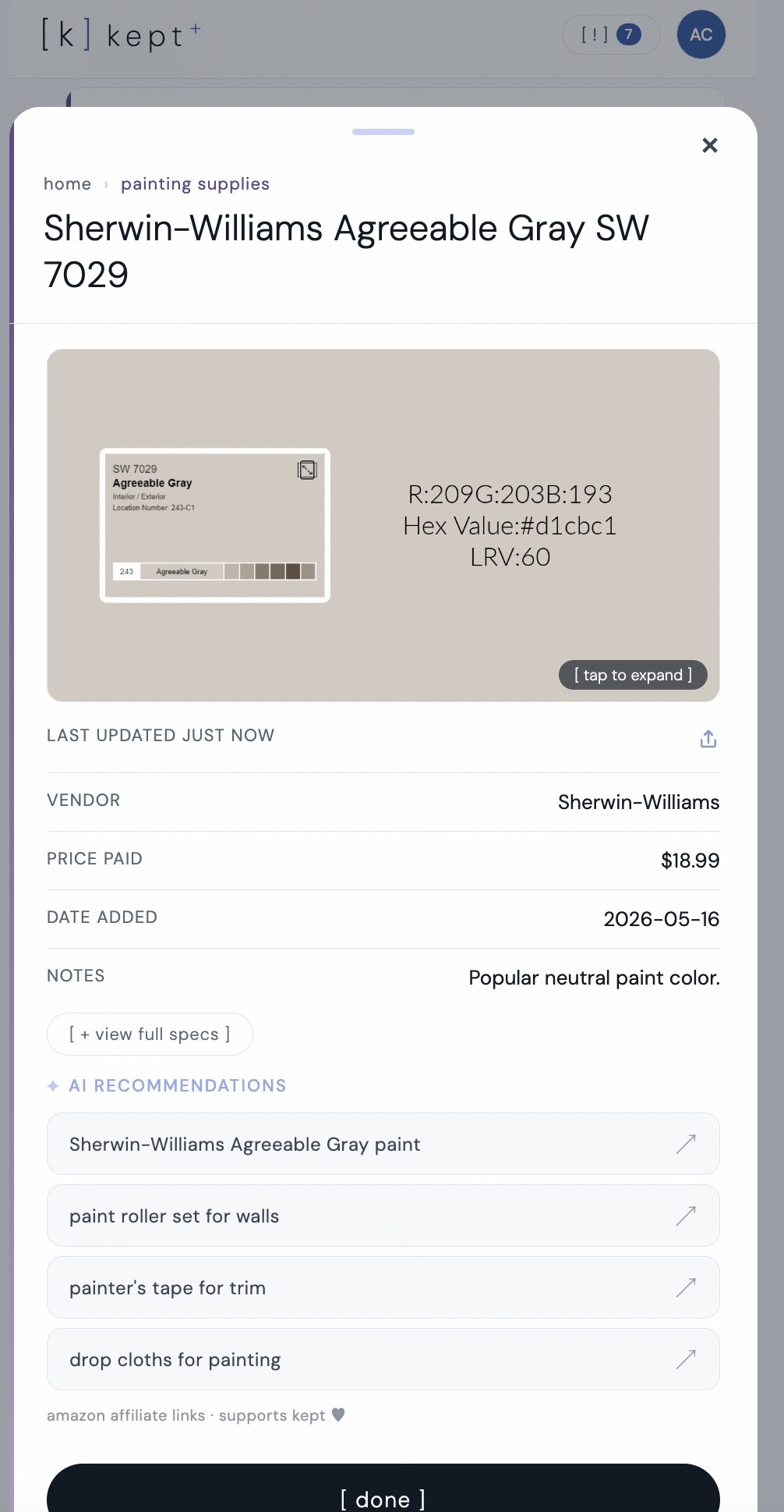 kept app showing Sherwin-Williams Agreeable Gray SW 7029 saved with hex value, LRV, and AI product recommendations