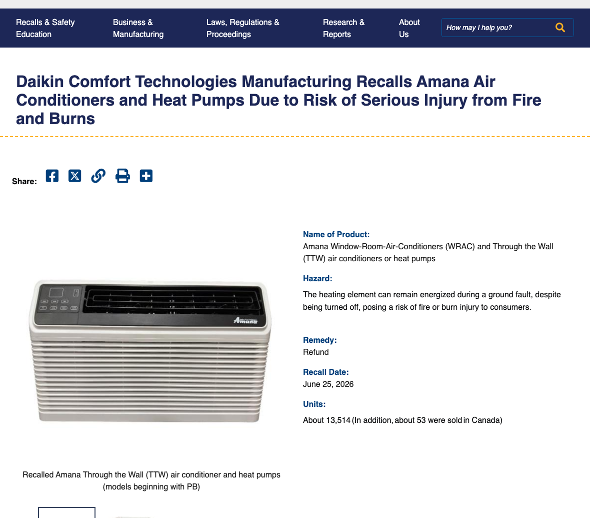 CPSC recall notice for Amana air conditioners and heat pumps, showing the fire hazard and refund remedy