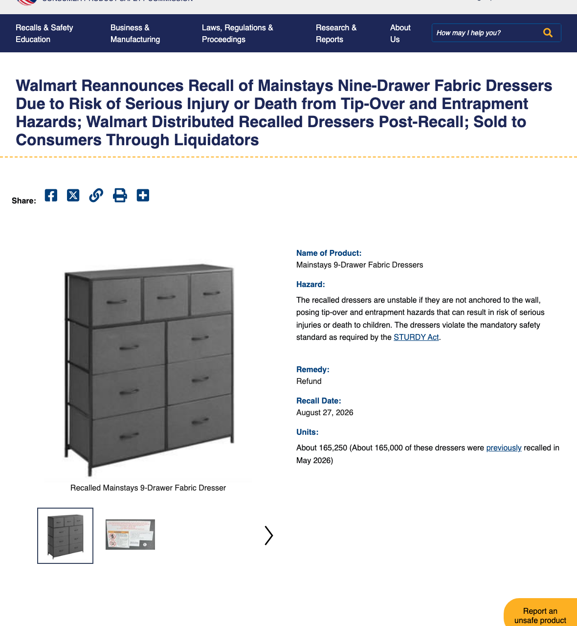 CPSC recall notice for Walmart Mainstays nine-drawer fabric dressers, showing the tip-over hazard, refund remedy, and about 165,250 units