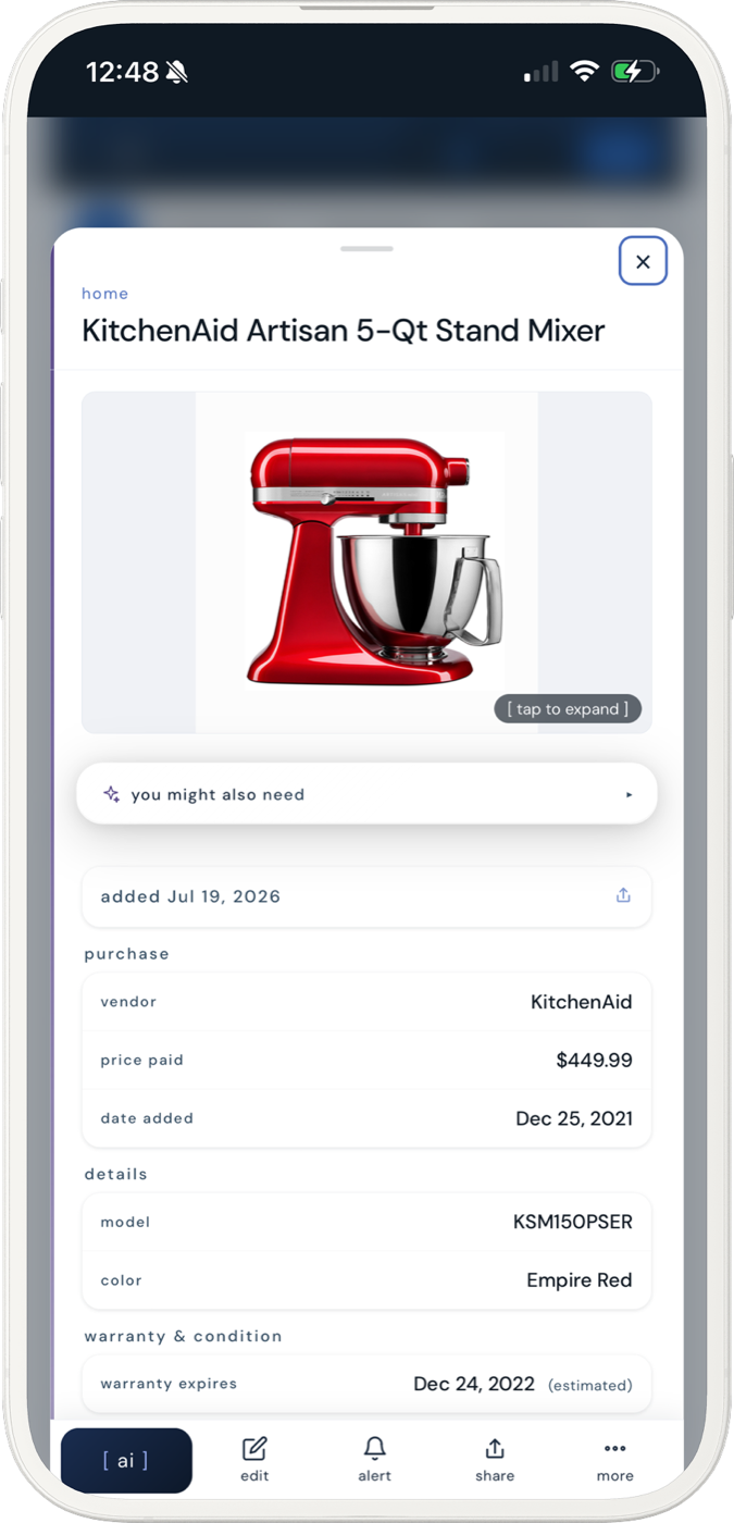 An item saved in kept showing vendor, price paid, date added, model number, and estimated warranty expiry