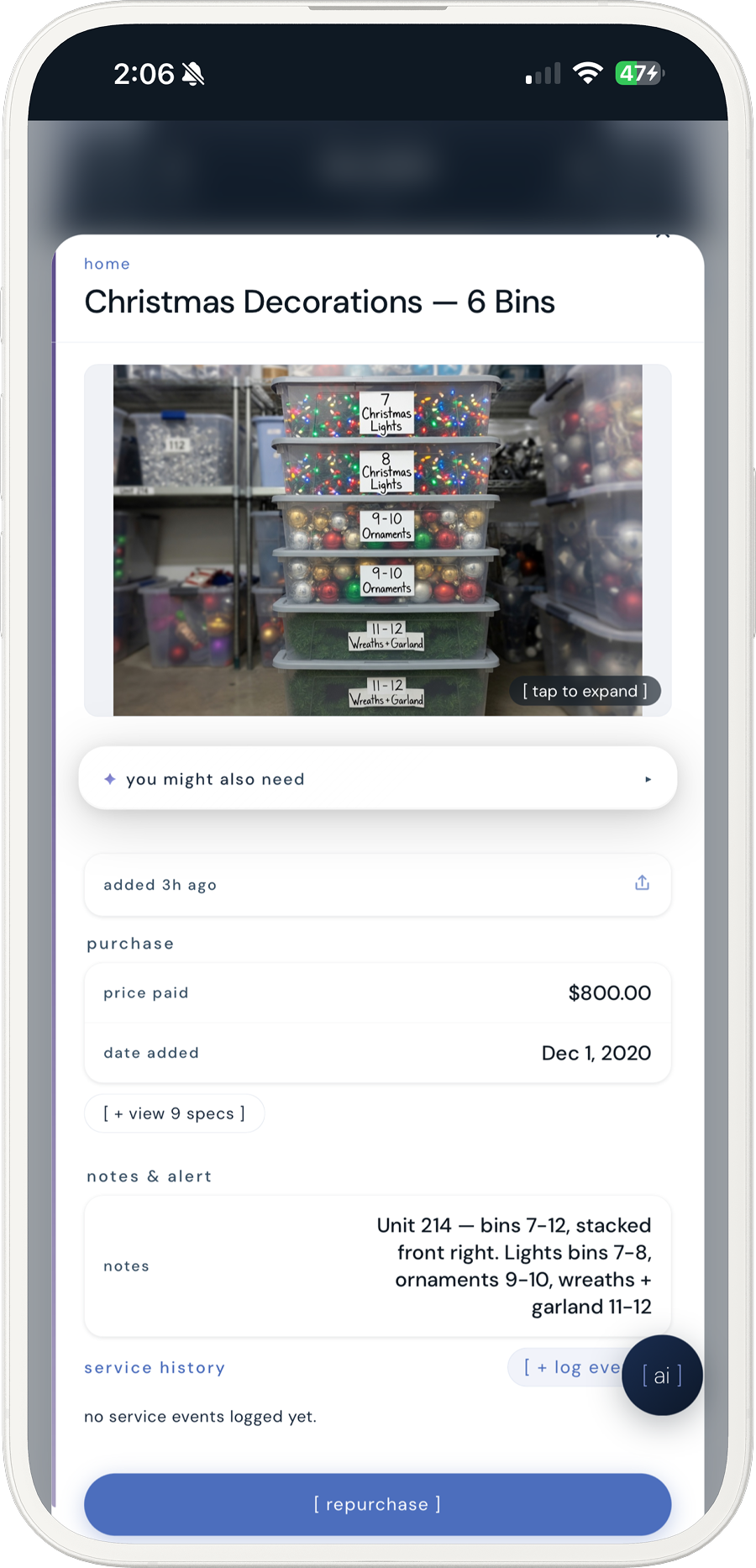 a kept item's notes recording which numbered bins hold which decorations and where they sit