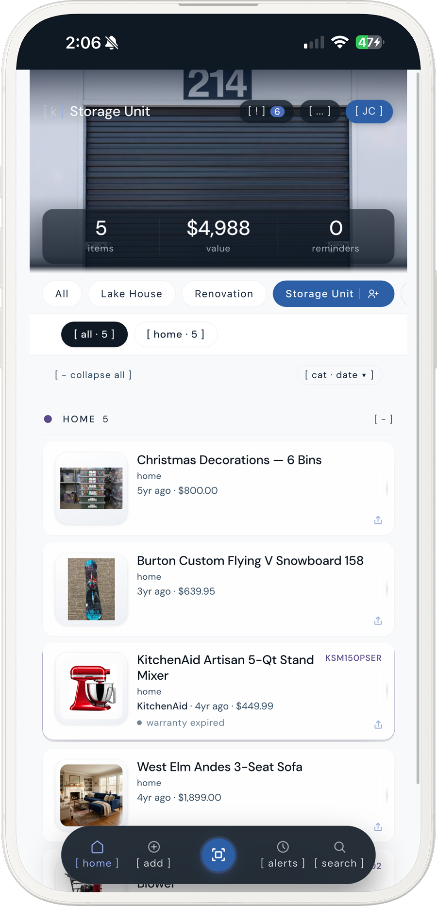 a storage unit space in kept listing stored items with their values