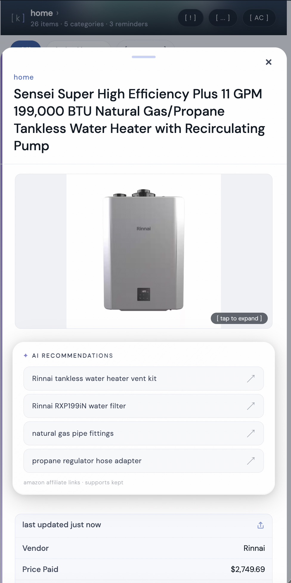 a Rinnai tankless water heater saved in kept with vendor, price paid, and AI-recommended maintenance items
