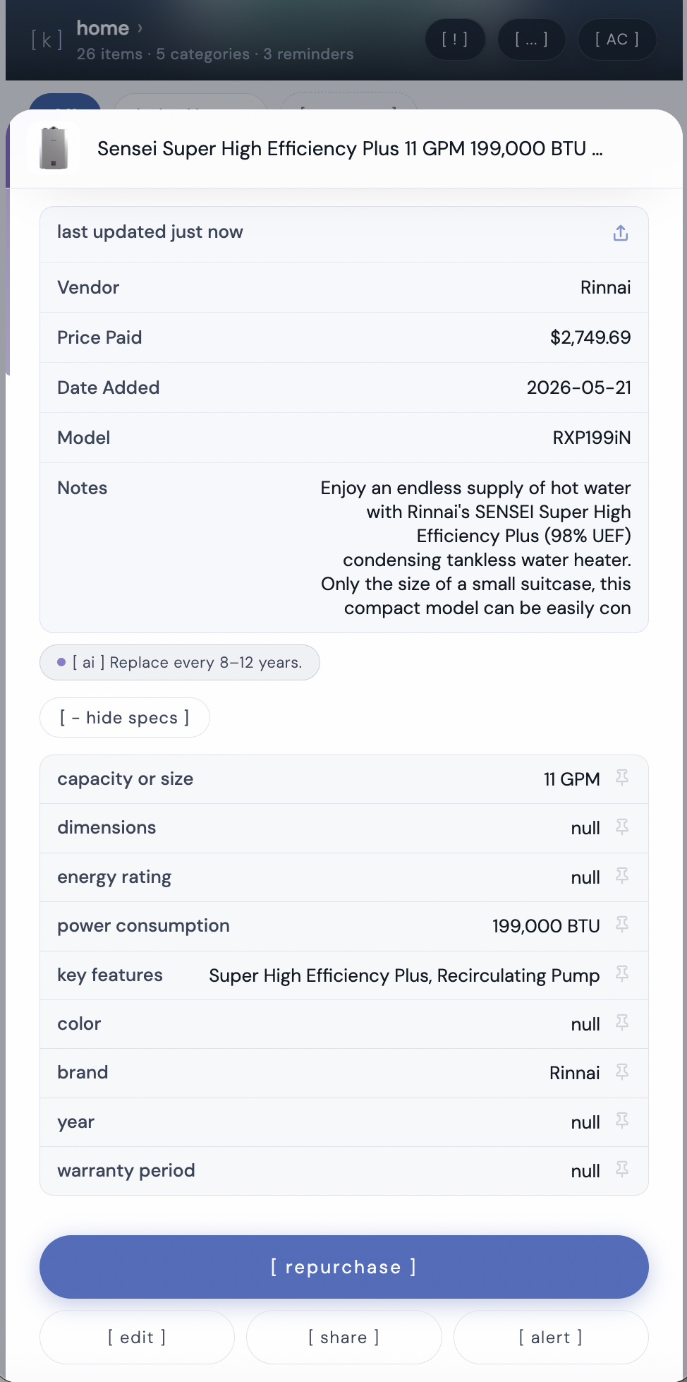 Rinnai tankless water heater tracked in kept — model RXP199iN with AI insight showing replace every 8 to 12 years