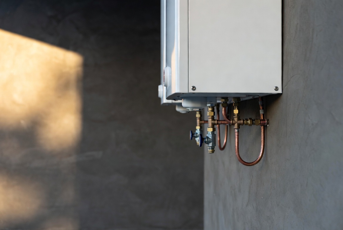 tankless water heater mounted on wall with copper pipes